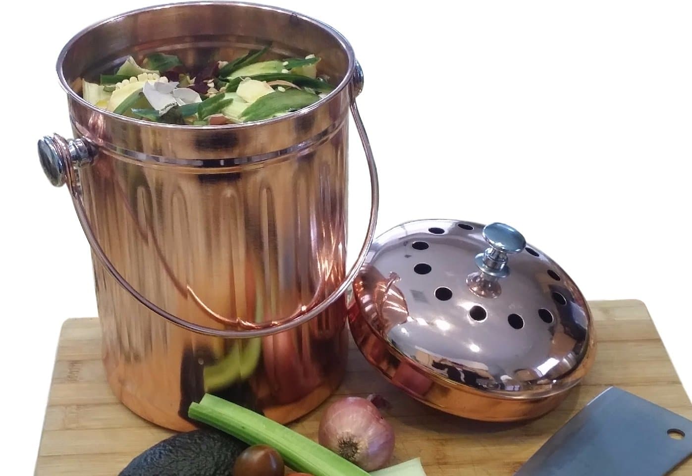 Kitchen Countertop Compost Pail, Stainless Steel with Copper Plating
